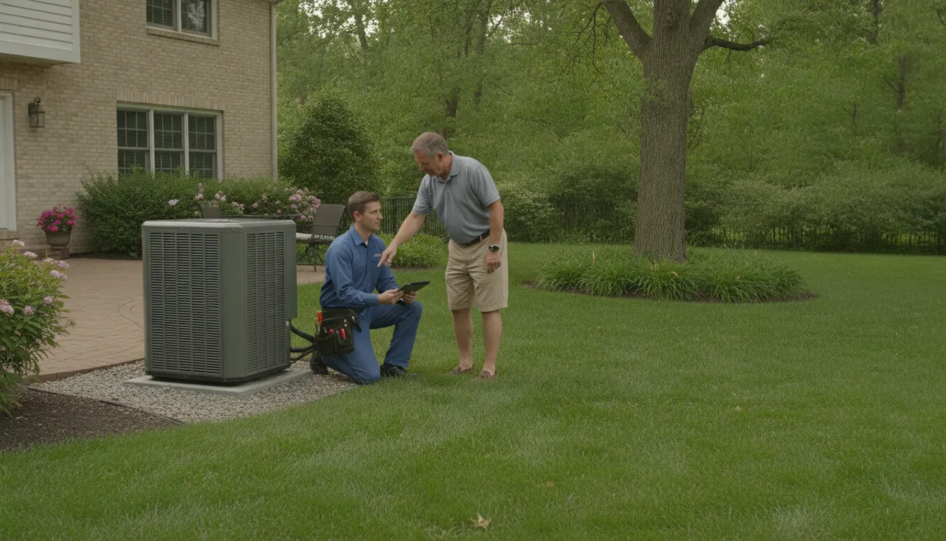 HVAC technician evaluating AC equipment at a Barrington home