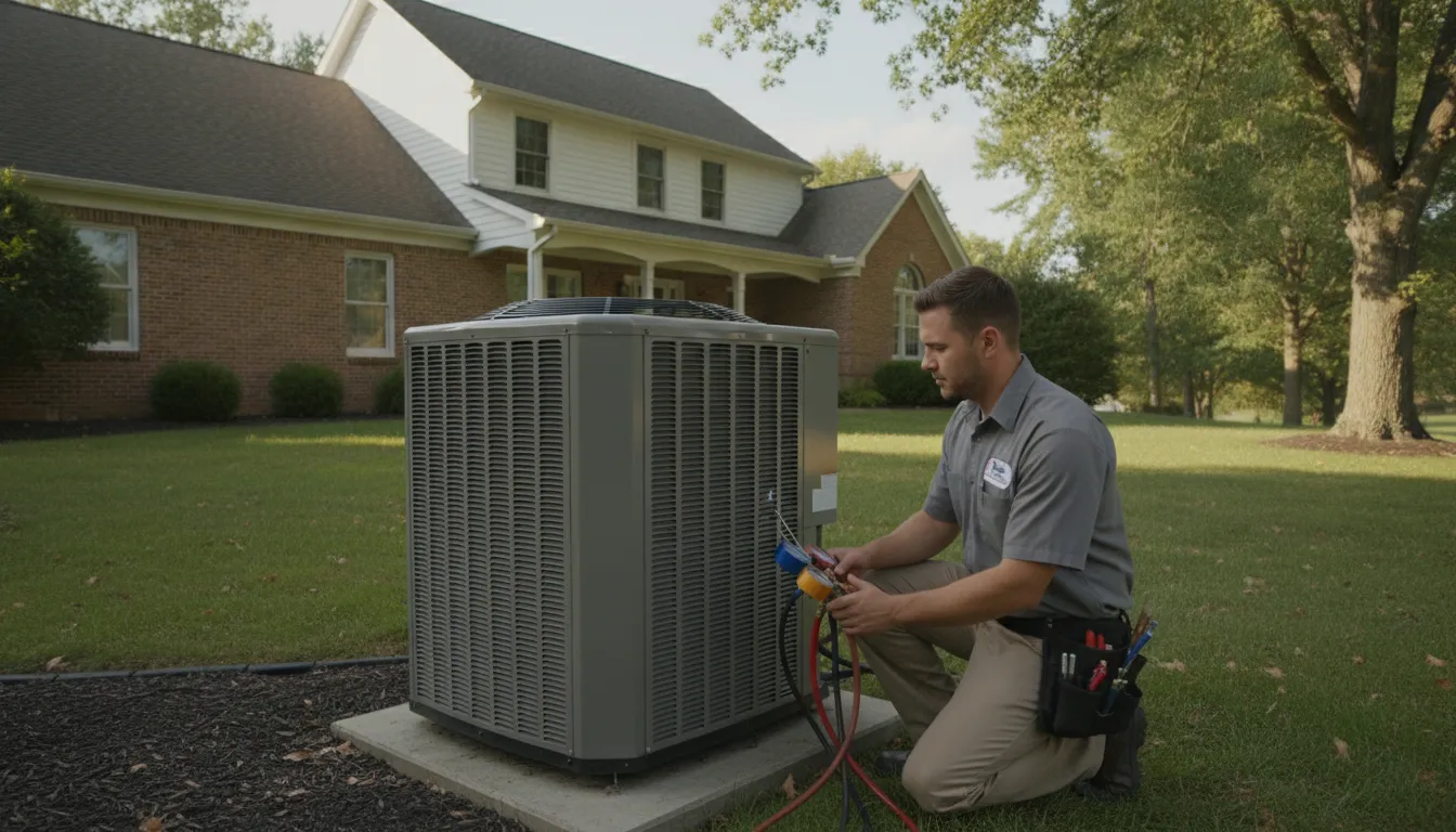 HVAC technician inspecting an AC unit at a Barrington home