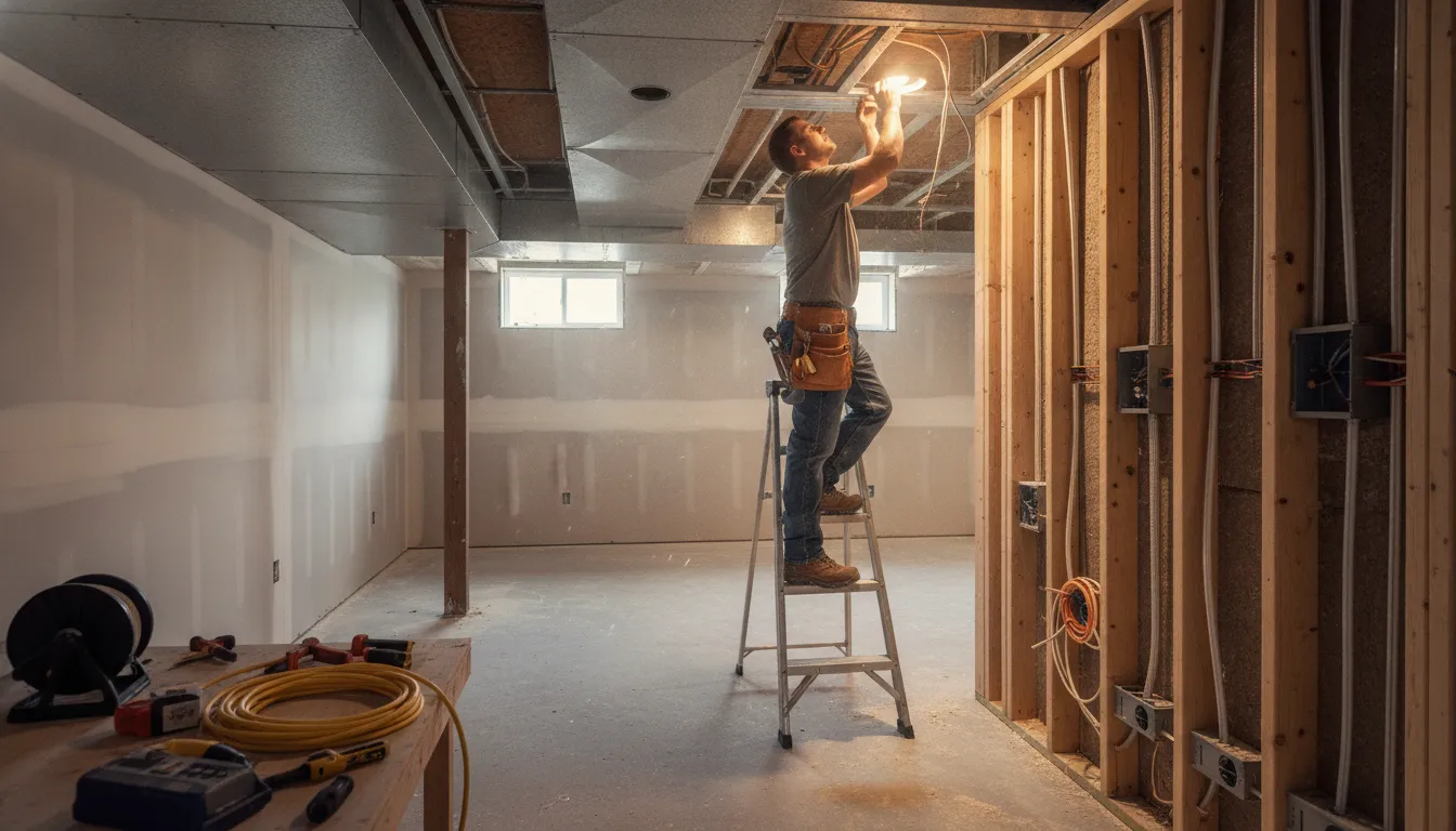 Electrician installing basement lighting during a Barrington area renovation