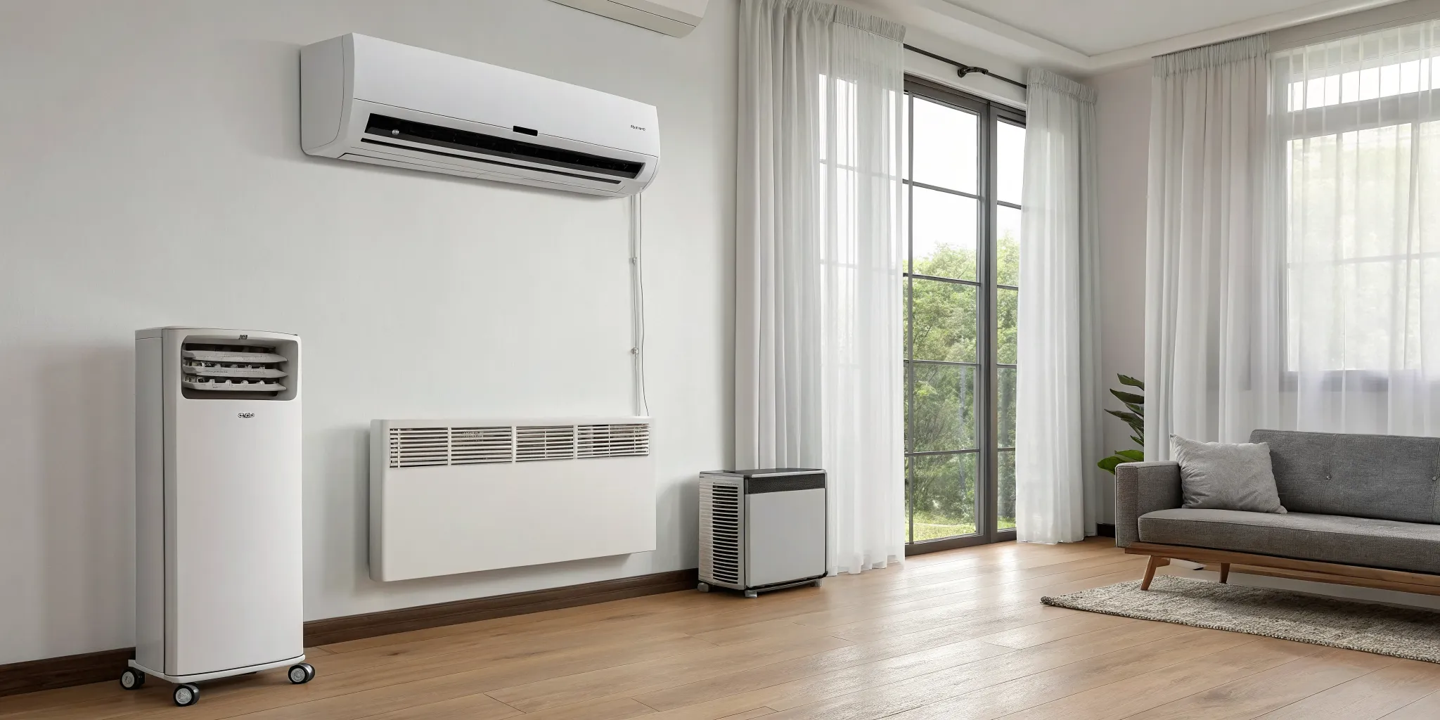 A ductless mini-split and a portable AC unit in a living room, two of the best AC units for a home.