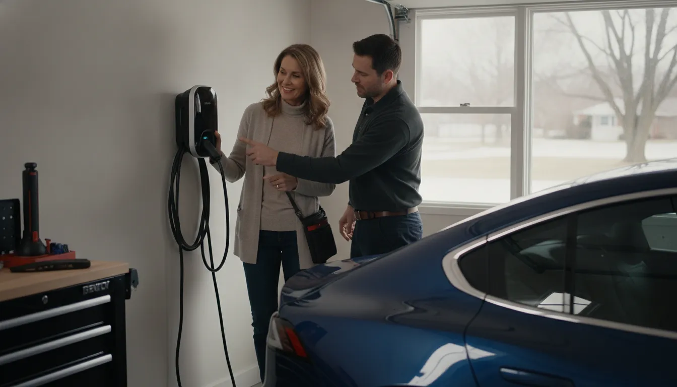 Best EV charger for home selection with an electrician and electric vehicle in an Illinois garage