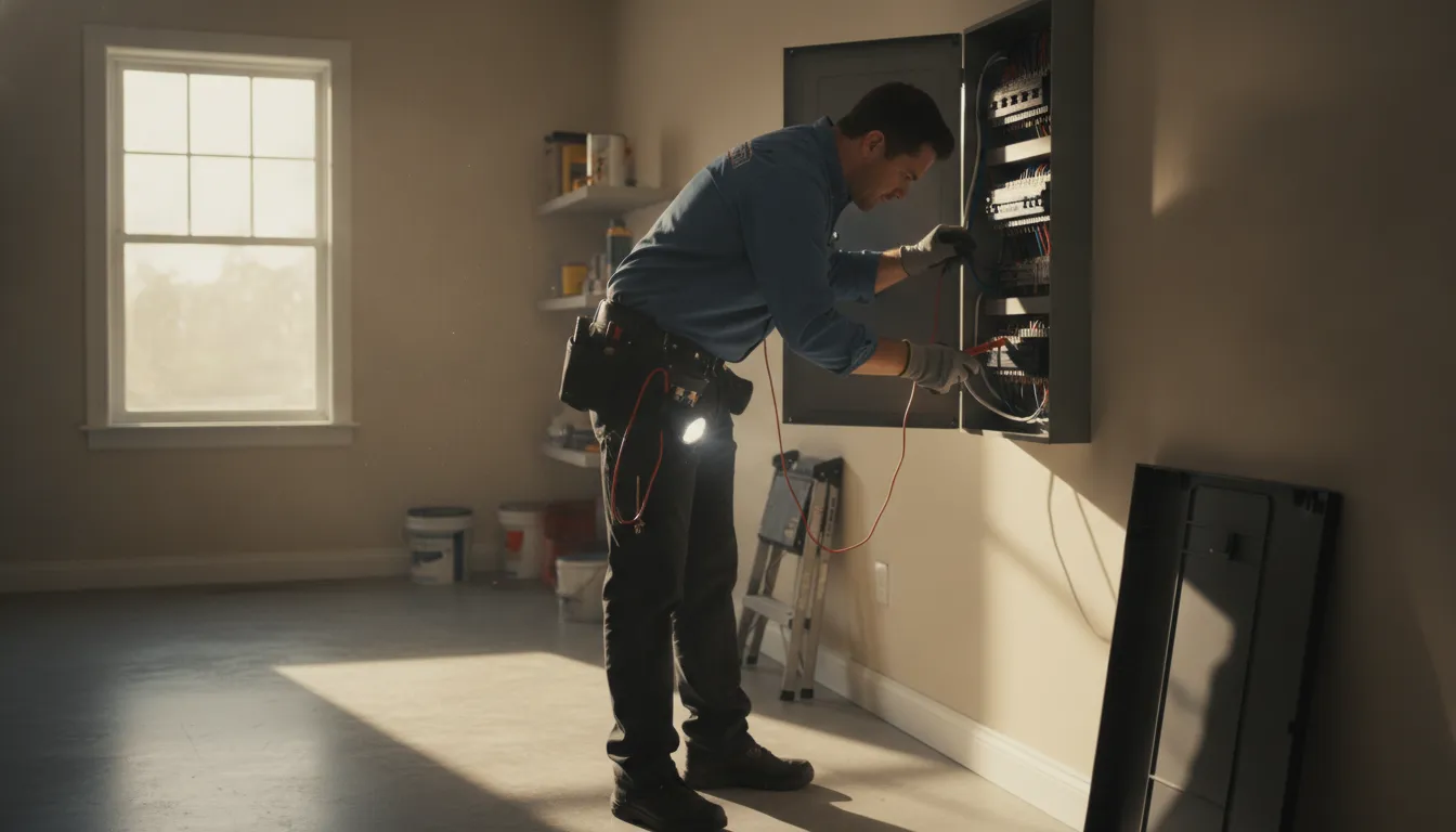 Licensed electrician inspecting a residential circuit breaker panel in Barrington
