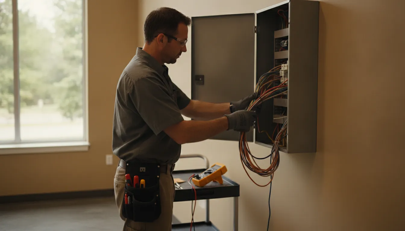 Commercial electrician working on electrical equipment for a Barrington business