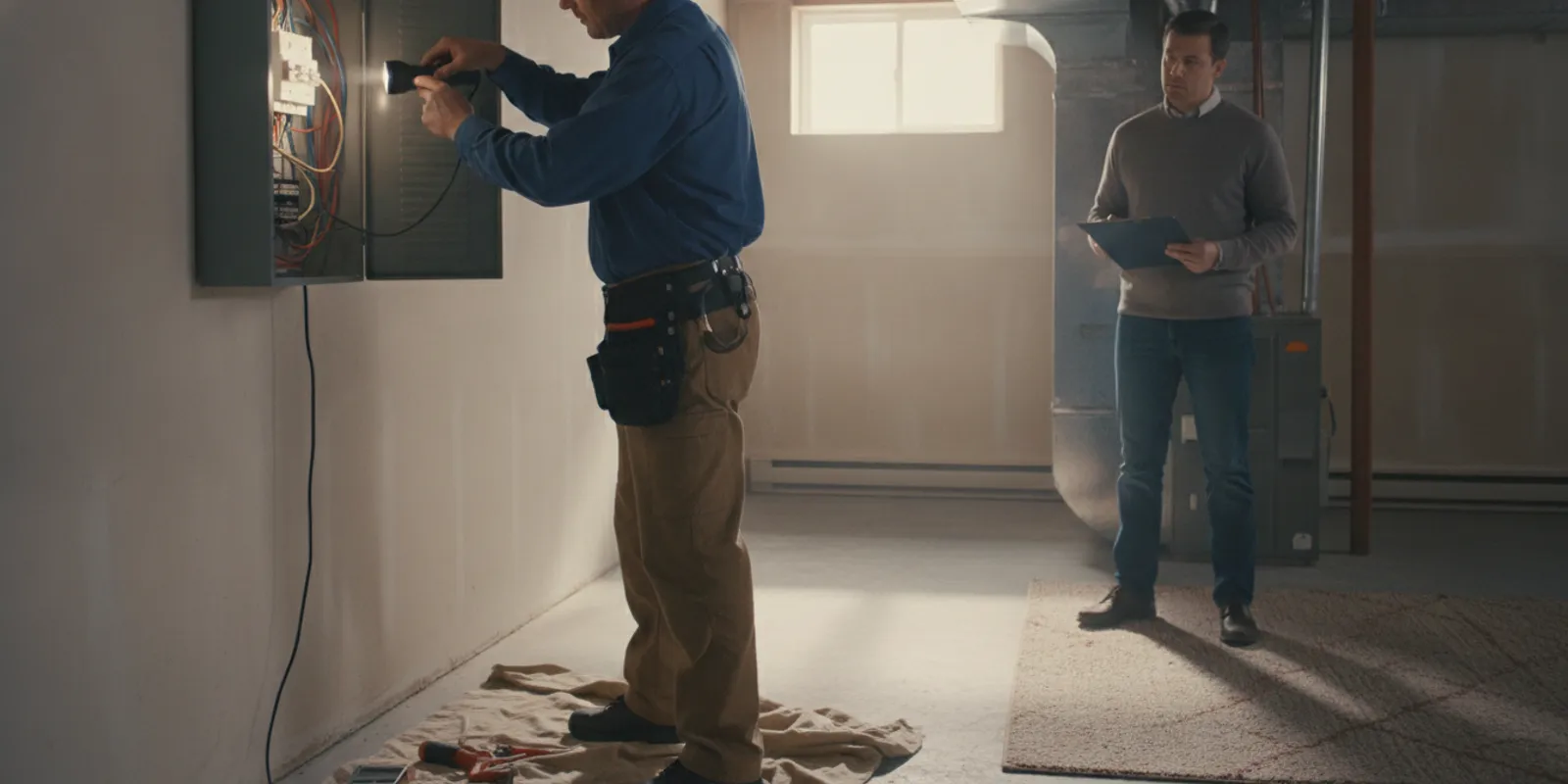 Electrician examining a home's electrical panel during a pre-purchase assessment