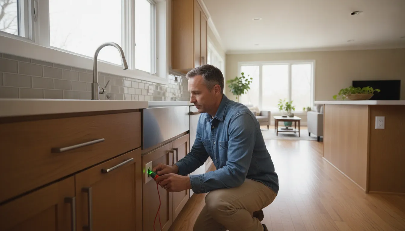 Electrician examining a GFCI outlet near a kitchen sink