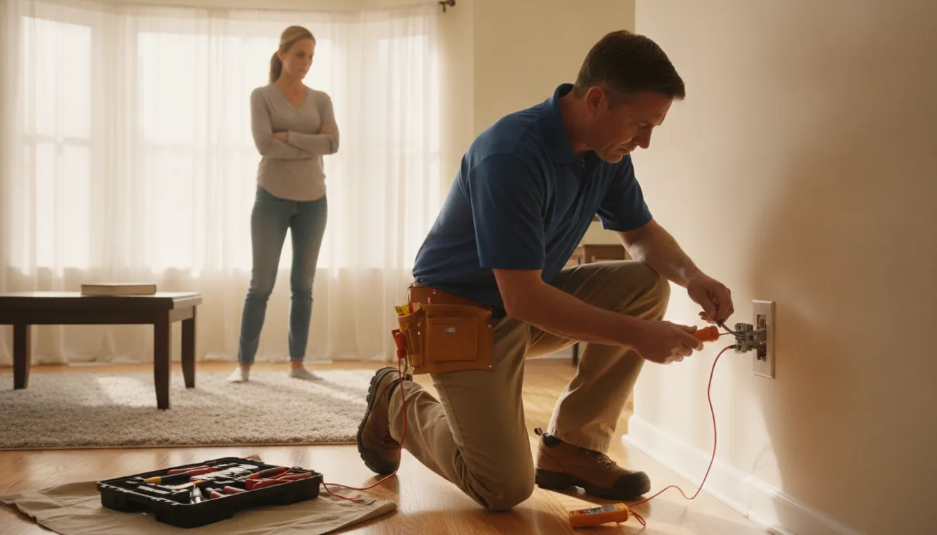 Electrician inspecting a wall outlet in a Barrington home