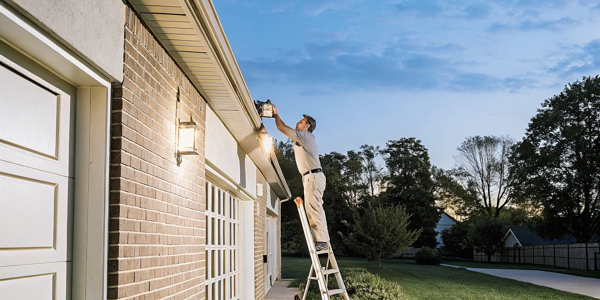 Electrician installing exterior lighting on a suburban home