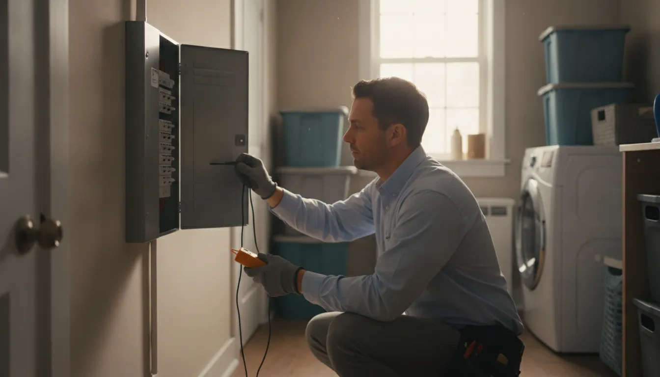 Residential electrician inspecting a modern electrical panel in a Schaumburg home