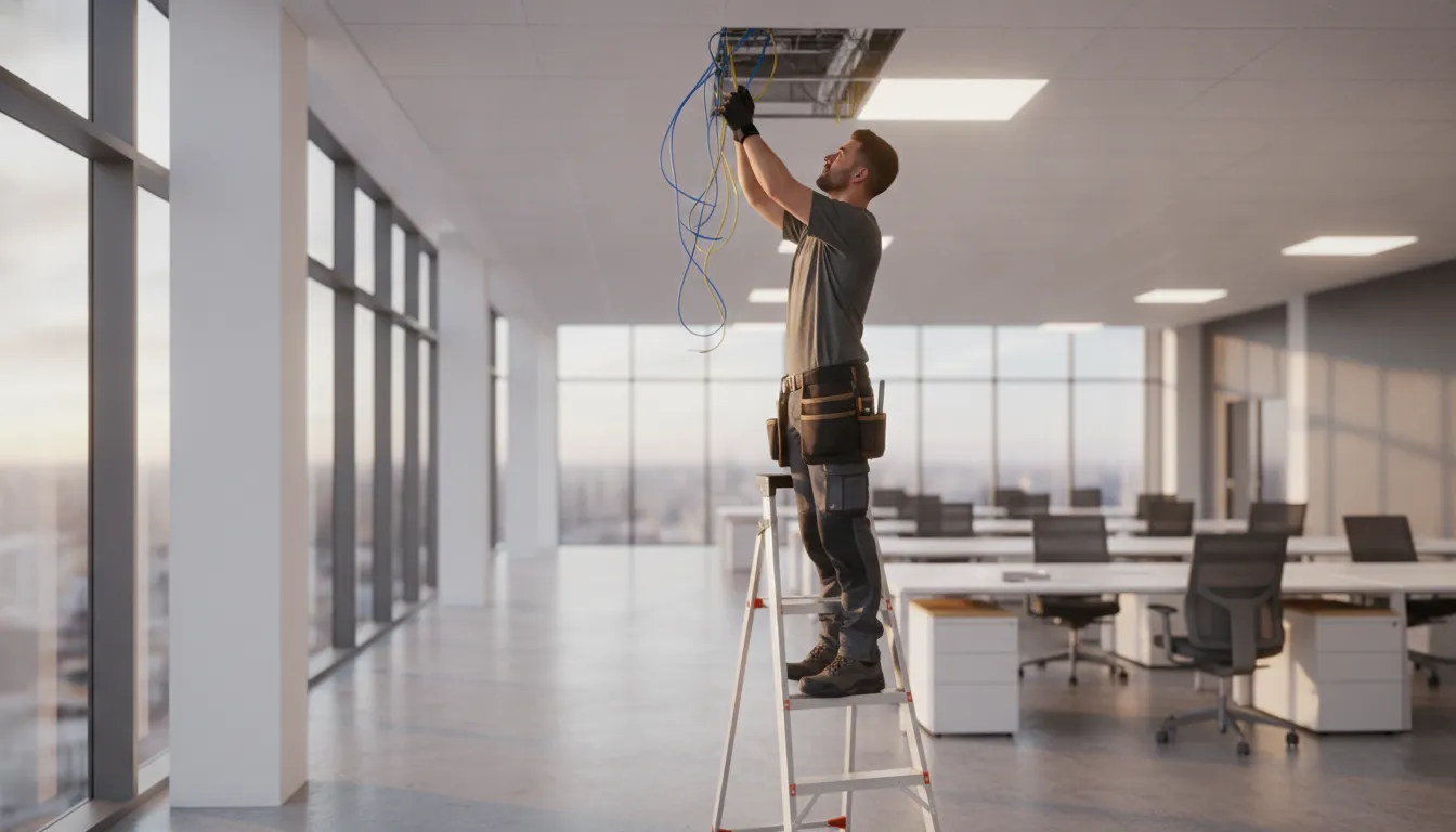 Commercial electrician installing wiring and lighting in a Schaumburg office building