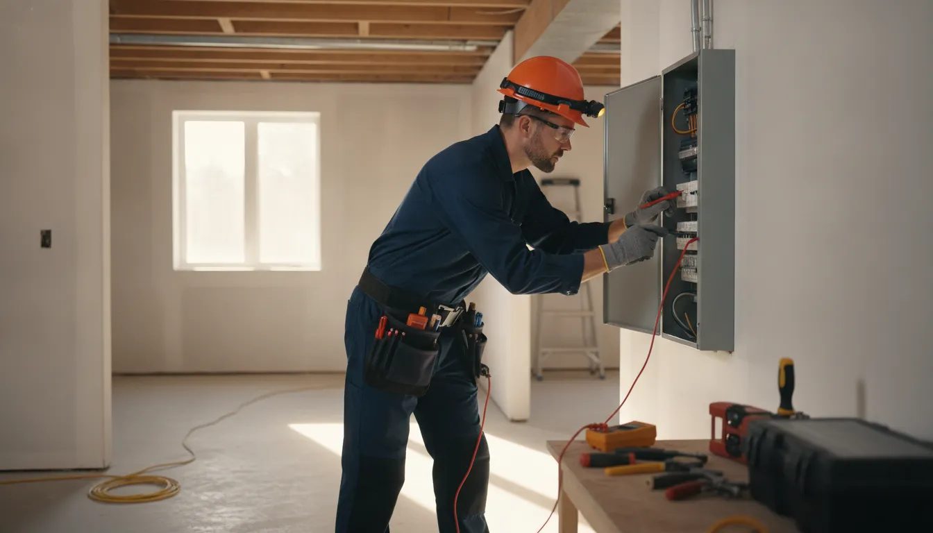 Licensed electrician inspecting a residential electrical panel in a Schaumburg home