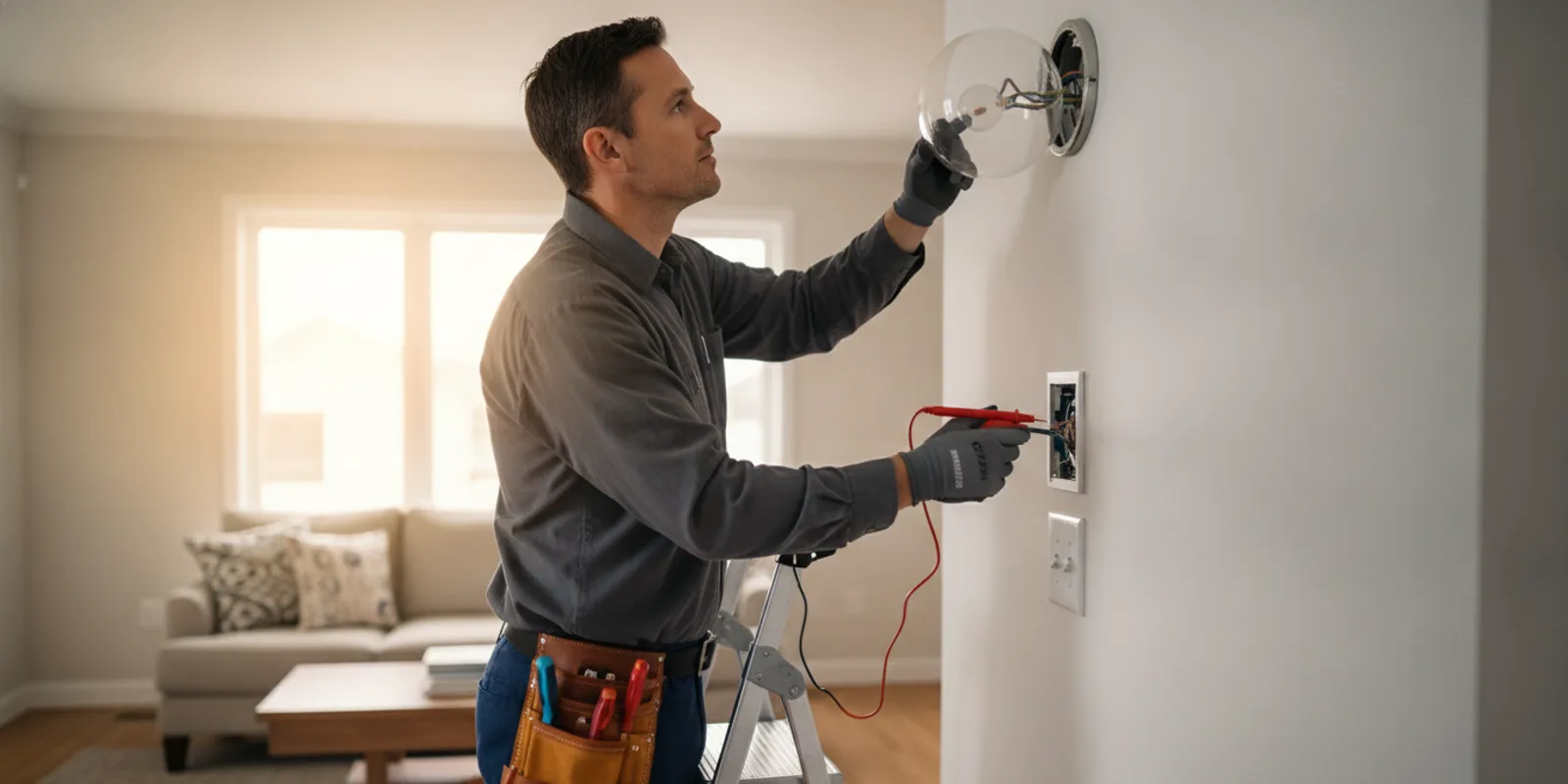 Electrician checking a flickering ceiling light in a Barrington home