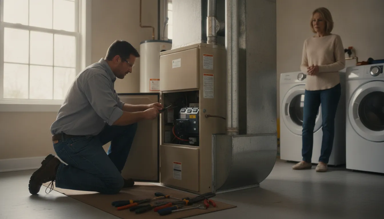 Technician inspecting a furnace in a Barrington home