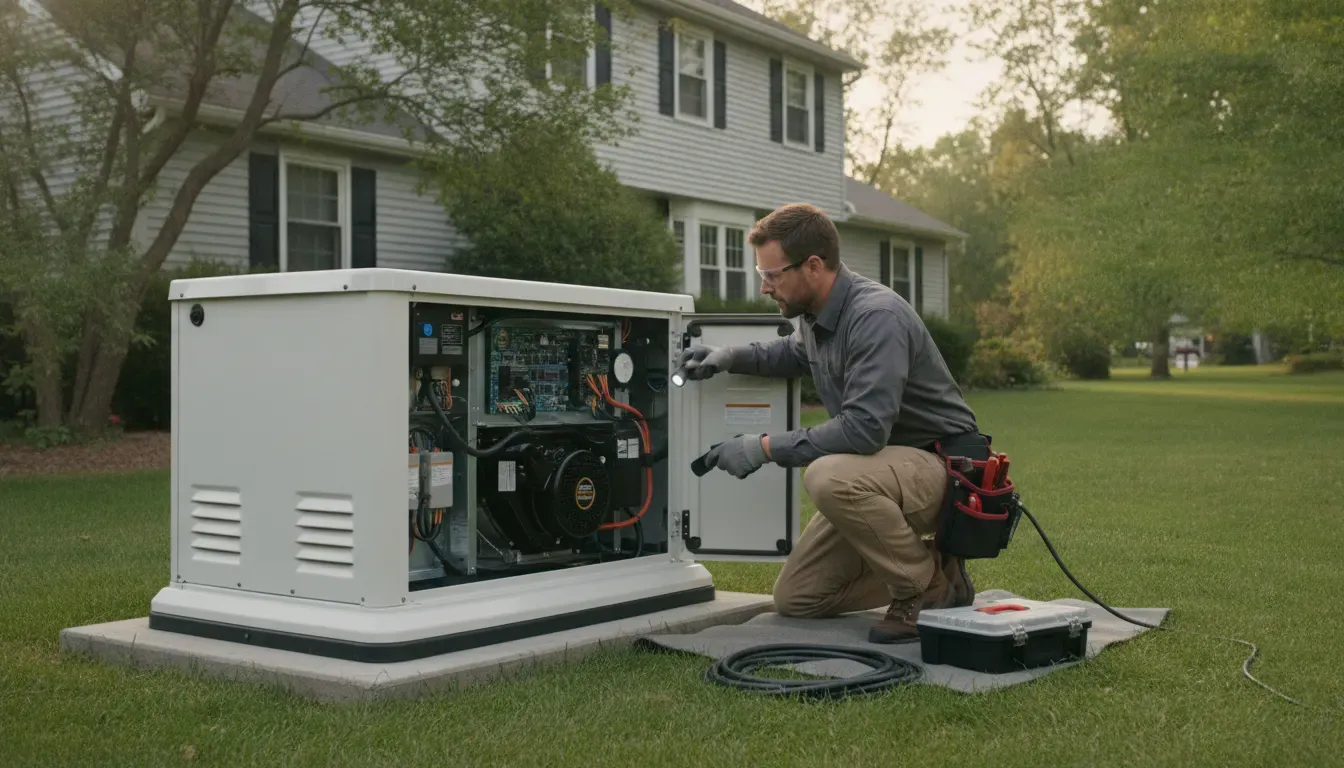 Technician inspecting a standby generator in Barrington, Illinois