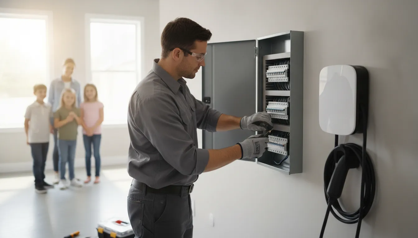 Licensed electrician installing a modern home electrical panel and EV charger in a residential garage
