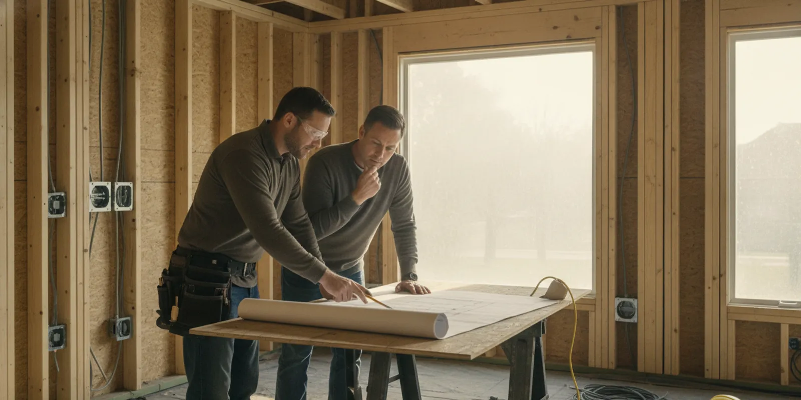 Electrician reviewing wiring plans in a home addition under construction