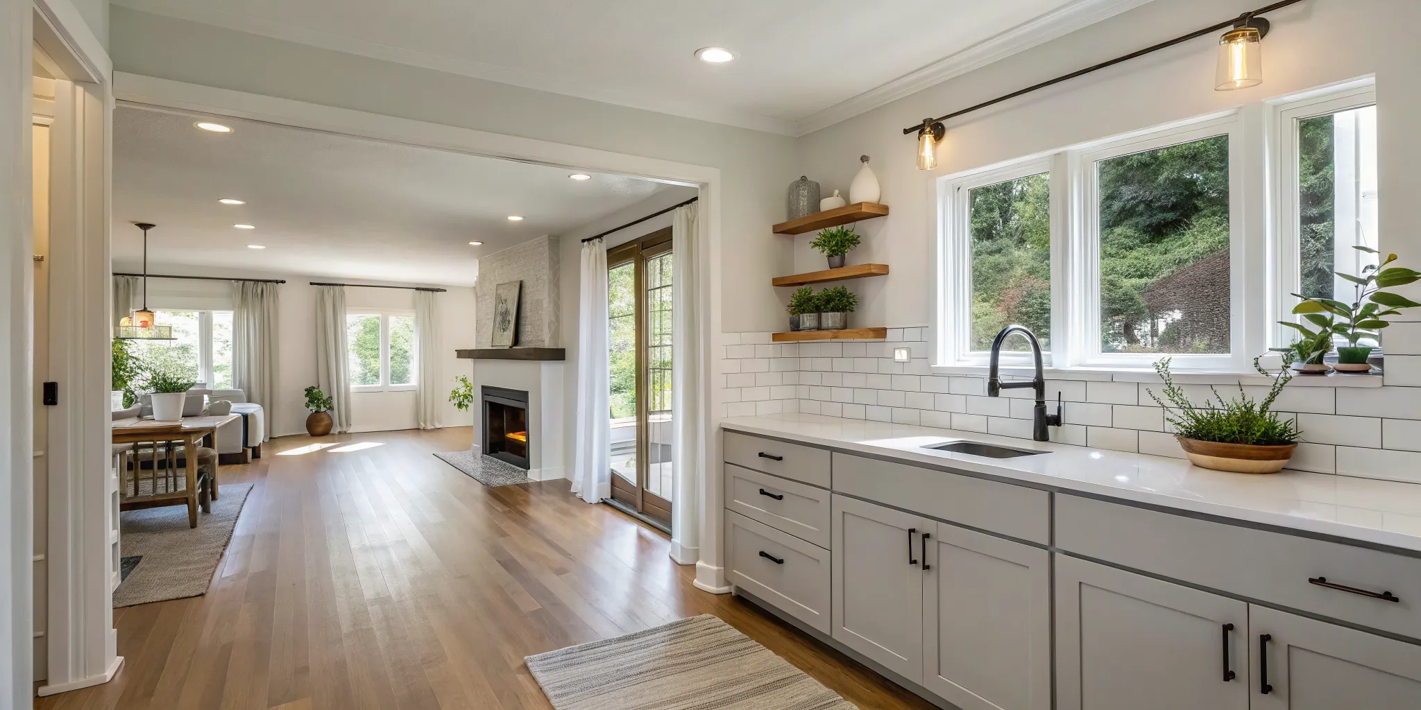 A bright, open-concept kitchen and living room is a popular home renovation idea.