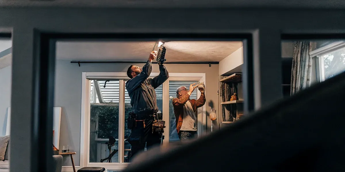 Professional HVAC technician and electrician working on home systems in Barrington, Illinois