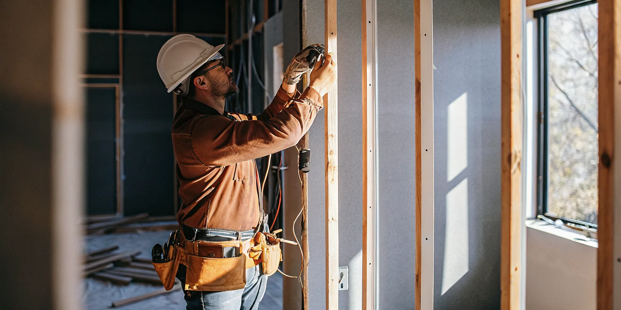 Electrician installing wiring through exposed wall studs during a home renovation with natural lighting