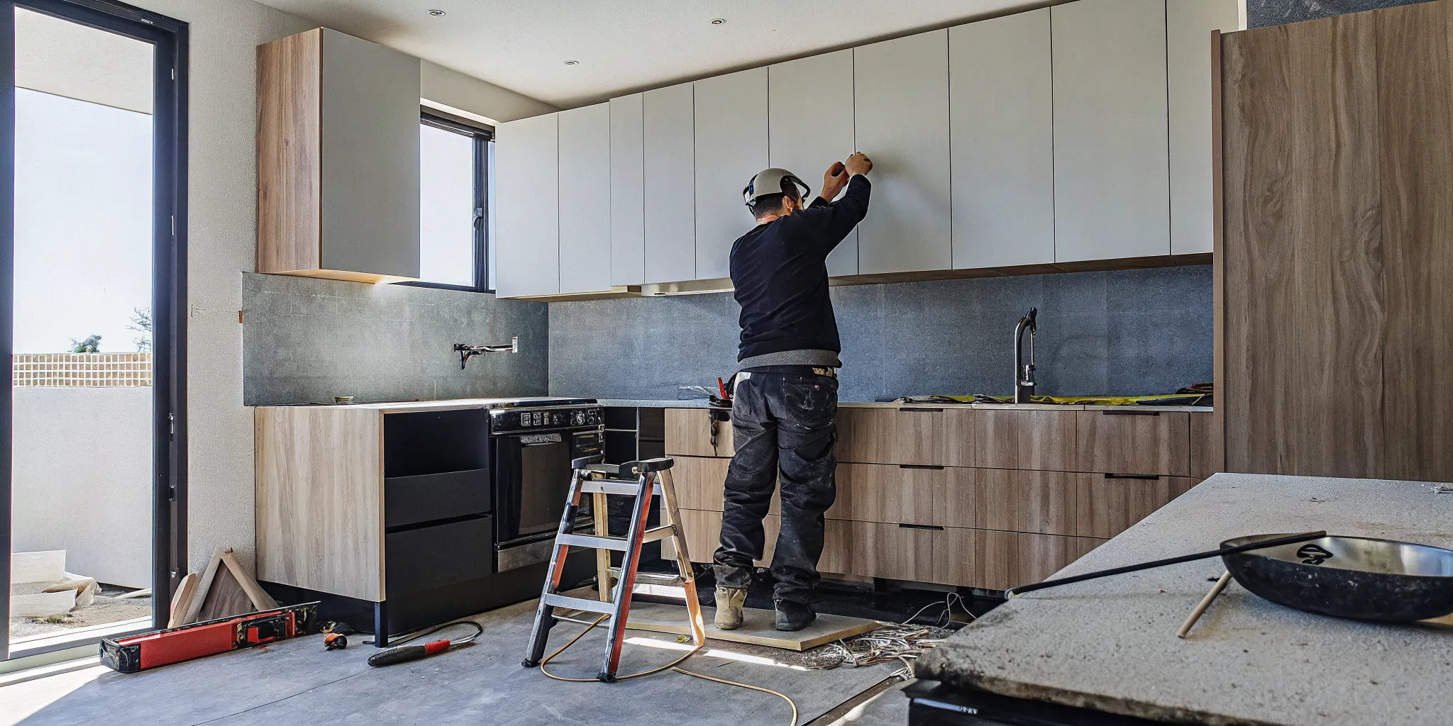 Modern kitchen renovation with new cabinetry and electrical wiring being installed for appliances