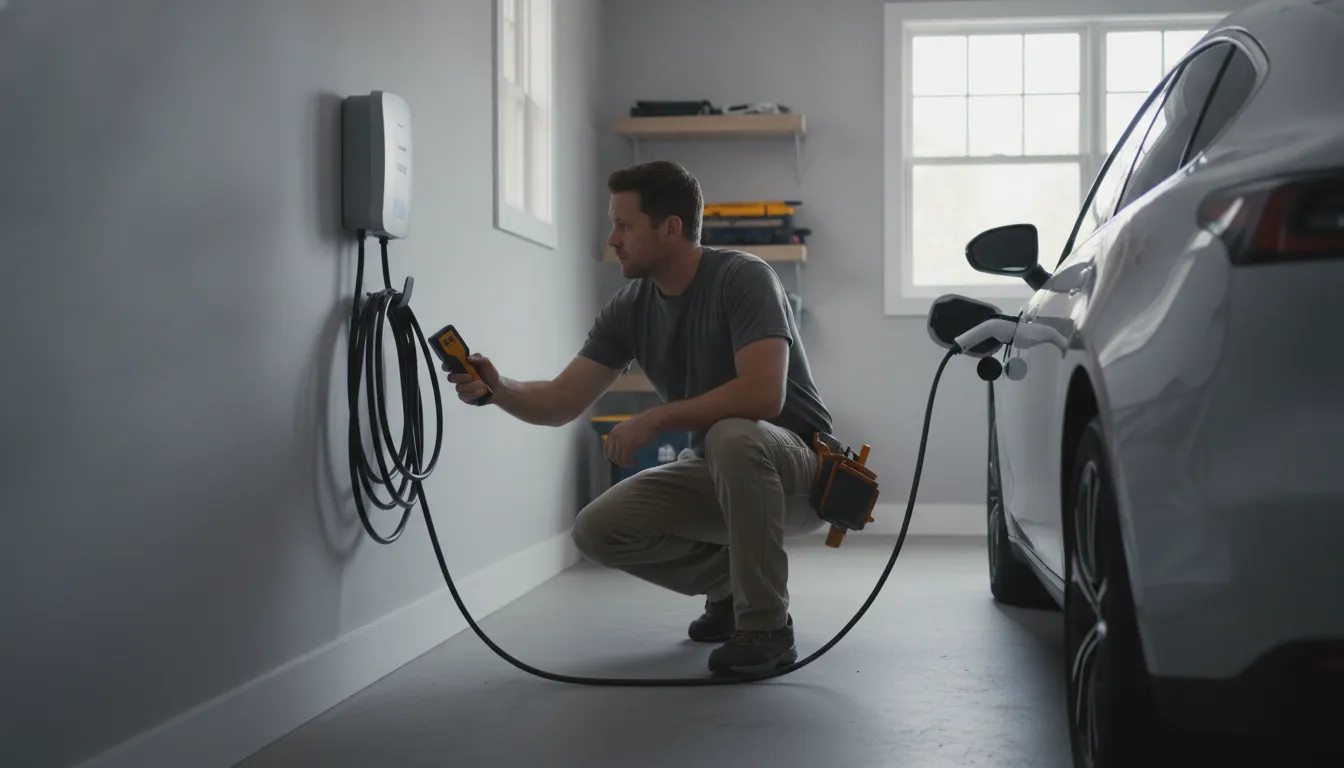 Electrician checking EV charger cable reach beside a parked electric vehicle in an Illinois garage