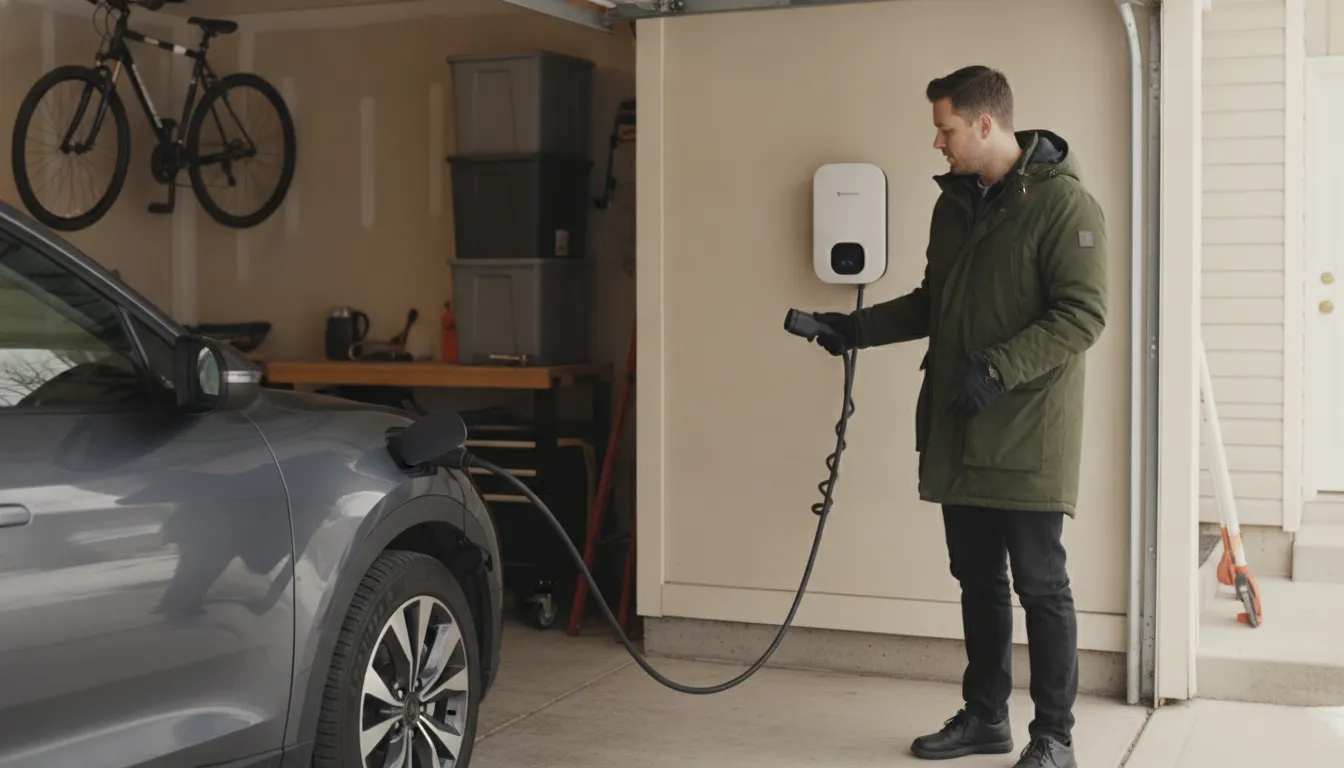 Illinois homeowner comparing a wall-mounted home EV charger with its cable reach to a parked electric vehicle