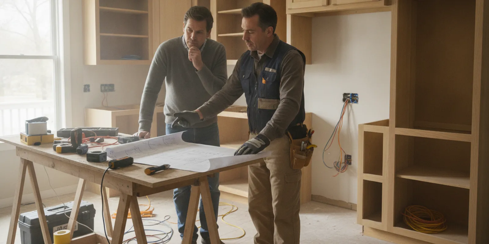 Electrician reviewing kitchen wiring plans during a home remodel