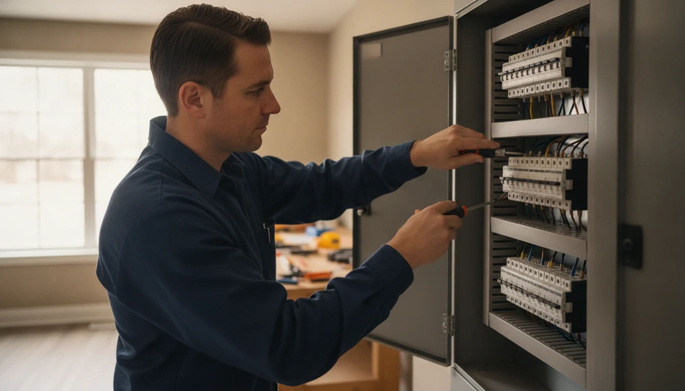Professional electrician inspecting an electrical panel in a Lake Zurich, Illinois home