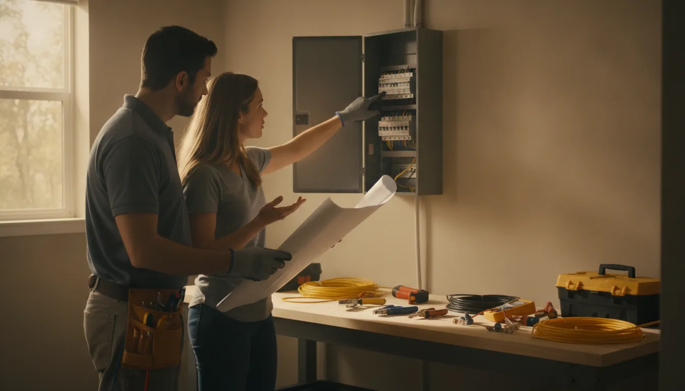 Electrician and homeowner reviewing an electrical panel