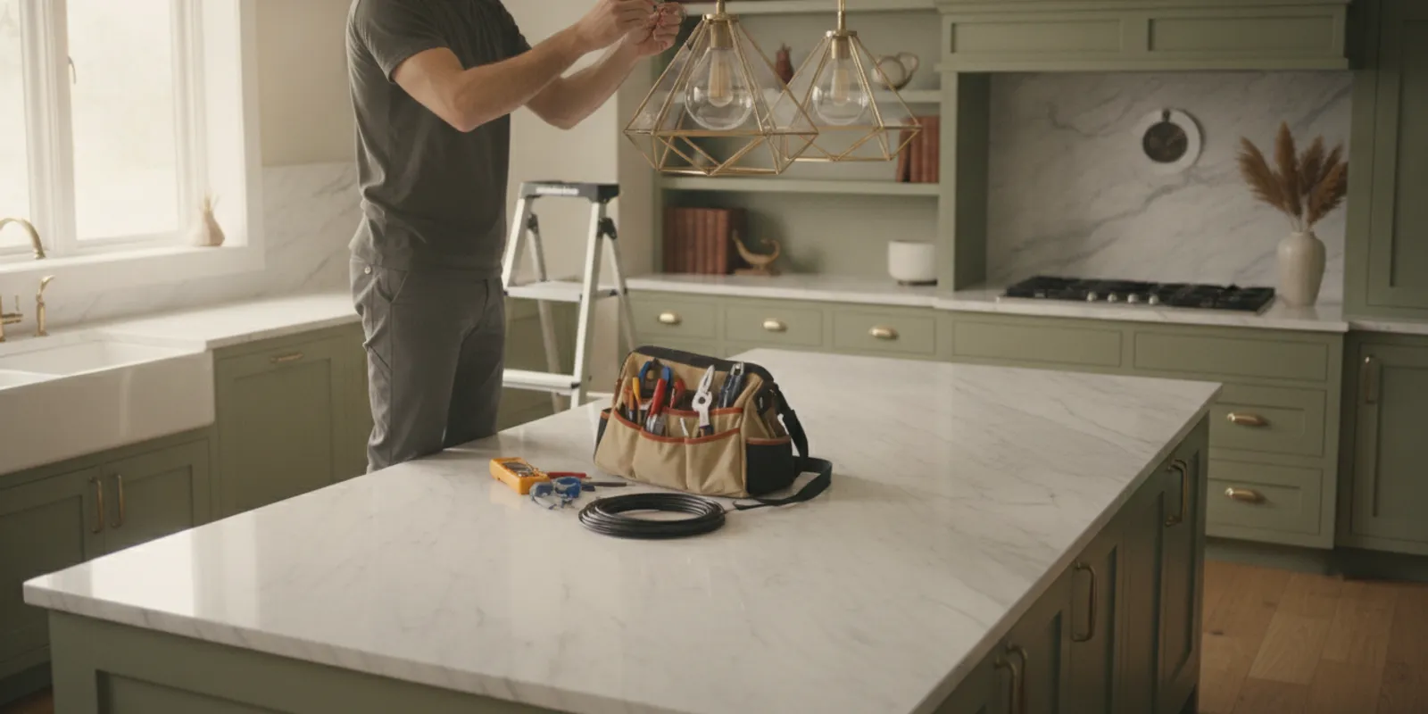 Electrician installing a pendant light above a kitchen island in a Barrington-area home