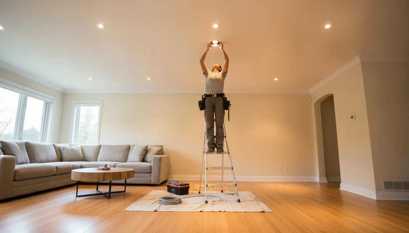 Professional electrician installing recessed LED lights in a Barrington home