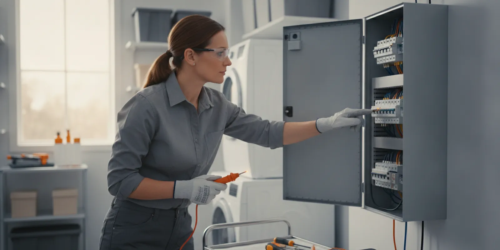 Electrician inspecting a residential electrical panel in a utility room
