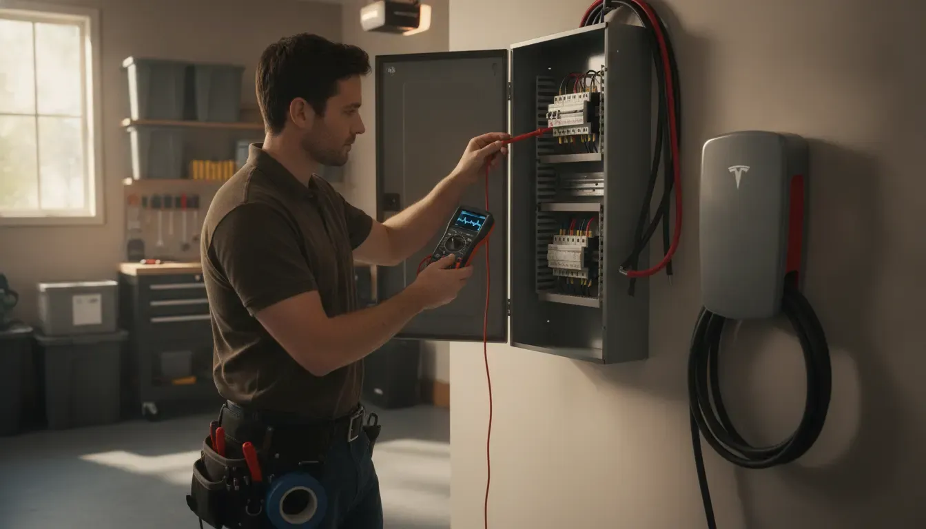 Electrician checking a residential electrical panel for Tesla Wall Connector installation in Barrington