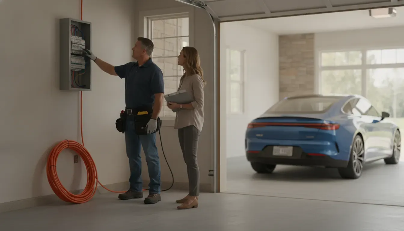Electrician planning a Tesla Wall Connector cable route in a Barrington garage