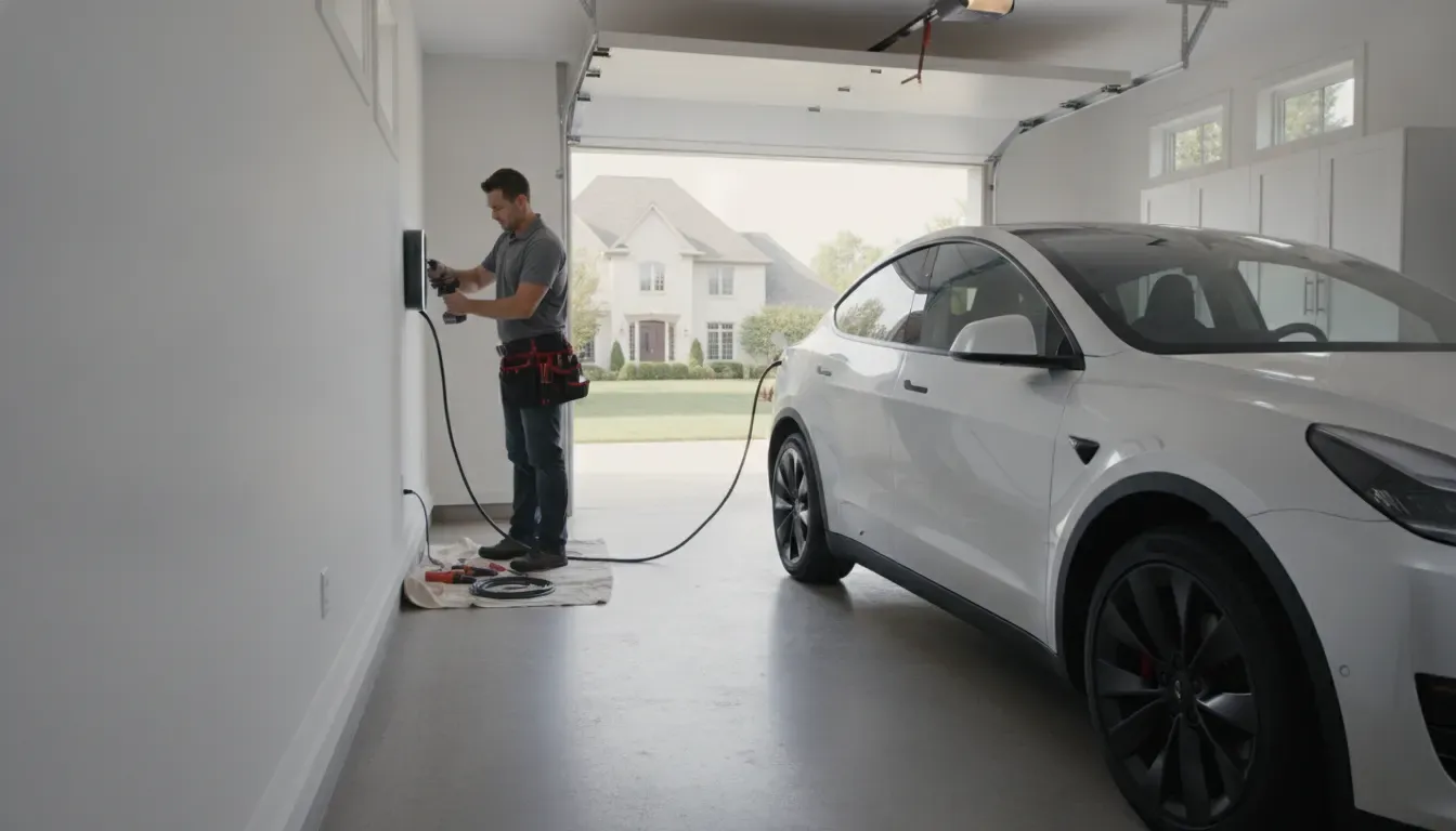 Electrician installing a Tesla Wall Connector in a Barrington, IL garage