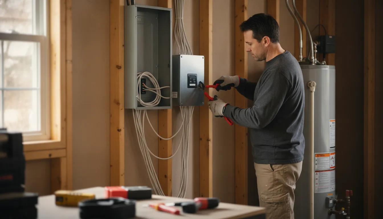 Electrician installing a generator transfer switch beside a home breaker panel