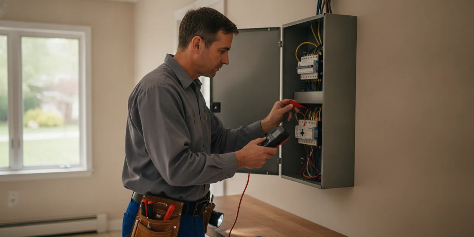 An electrician assessing residential wiring inside a Barrington-area home